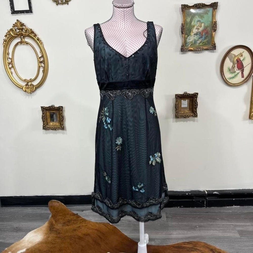 Vintage Y2K Adrianna Papell Black Beaded Mesh Cocktail Dress – Size 10